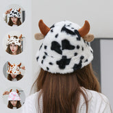 Cow Pattern Fisherman Hat With Cute Horn Winter Fashion
