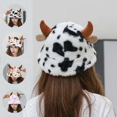Cow Pattern Fisherman Hat With Cute Horn Winter Fashion