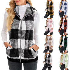 Thick Checks Double-sided Velvet Cardigan Vest Stand Collar Sleeveless Coat