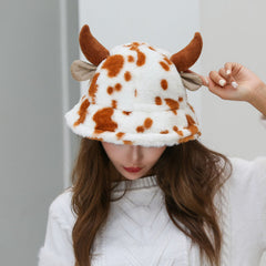 Cow Pattern Fisherman Hat With Cute Horn Winter Fashion