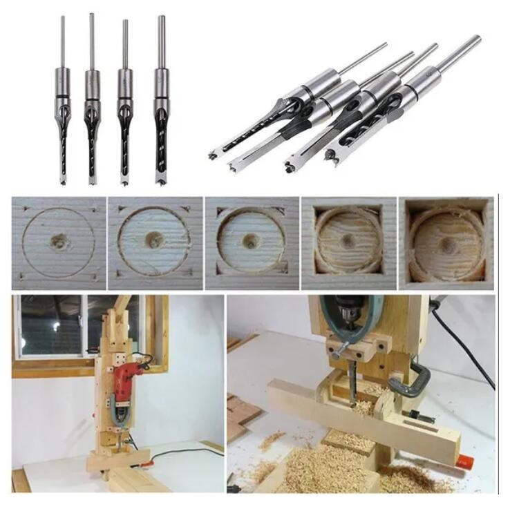 Square Hole Saws Auger Drill Bit Cut Mortising Chisel Woodworking Tool Set