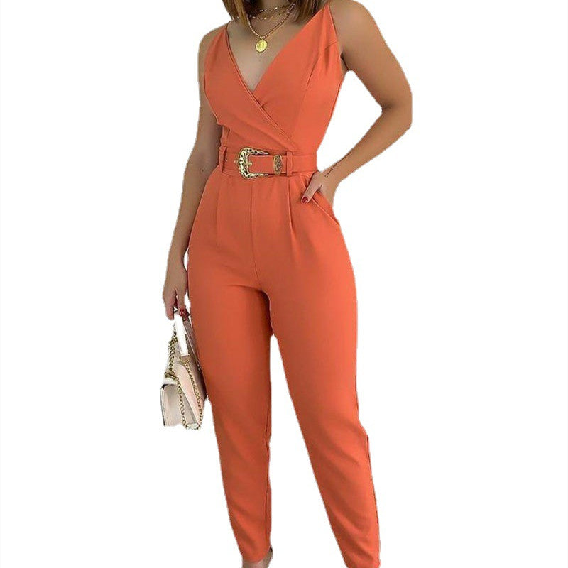 Women's Fashion Hundred V-Neck Tie Slimming Jumpsuit