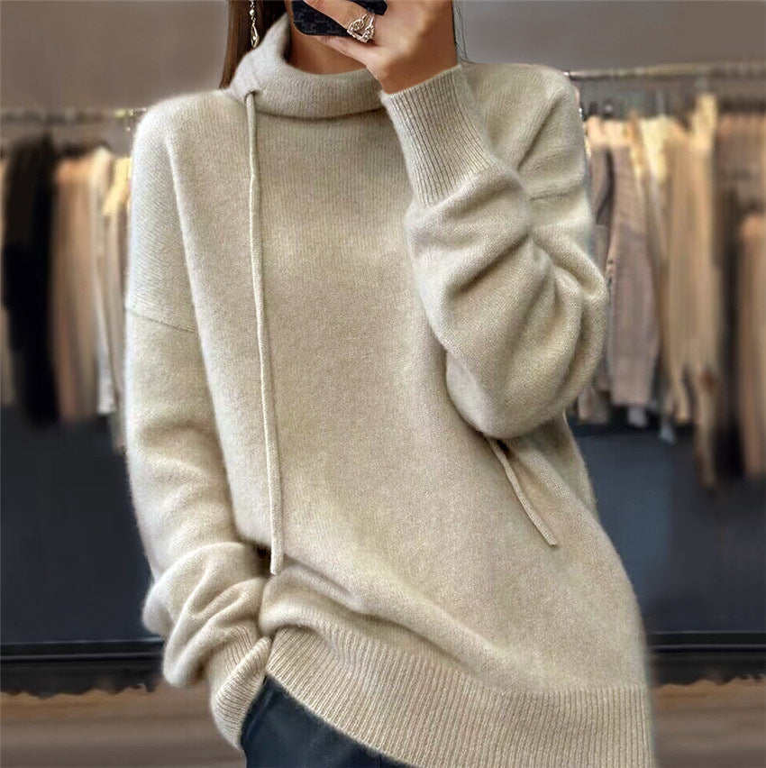 Olid Color Long Sleeve Stand-up Collar Tie Knitted Sweater For Women