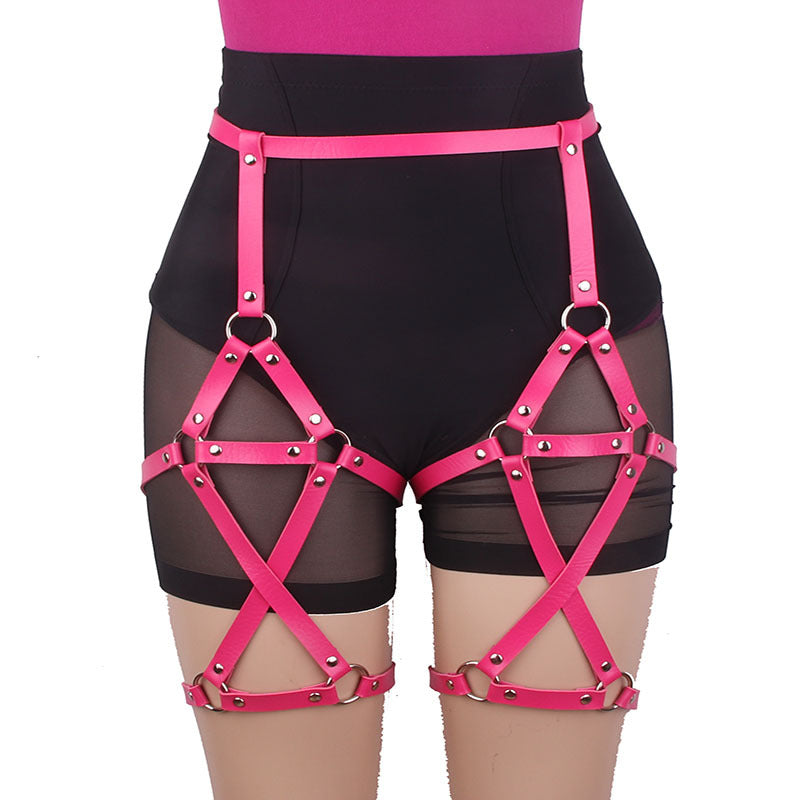 Double-row Cross Adjustable Leather Leg Ring Belt Integrated Suspenders