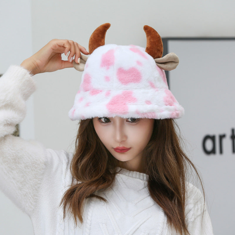 Cow Pattern Fisherman Hat With Cute Horn Winter Fashion