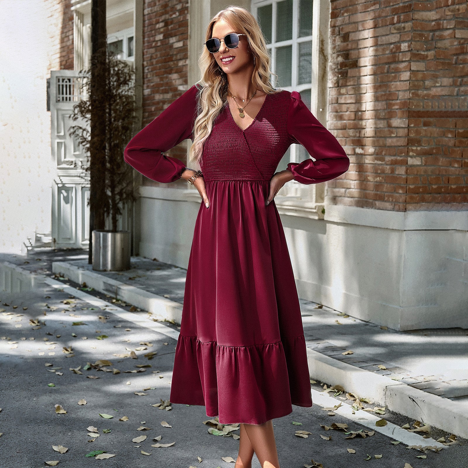 Women's Dress Winter Autumn V-neck Long Sleeve Solid Color Dress