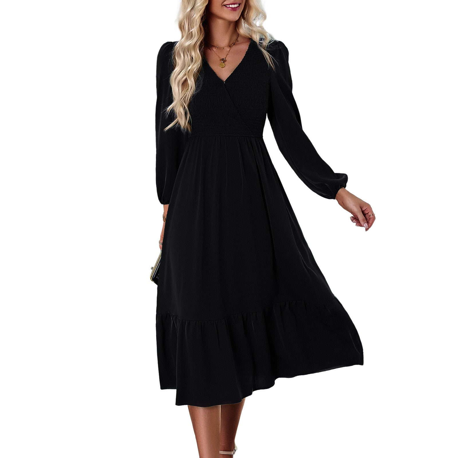Women's Dress Winter Autumn V-neck Long Sleeve Solid Color Dress