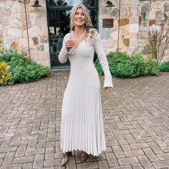 Casual Waist-skimming V-neck Large Pit-striped Slim Knitted Maxi Dress For Women