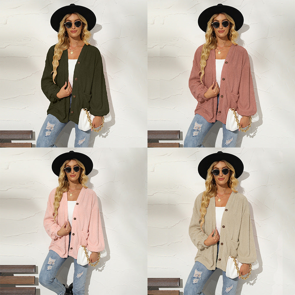 Solid Color Little Teddy Plush Cardigan Women's Casual Jacket Women