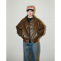 American Retro Maillard Distressed Leather Coat Jacket