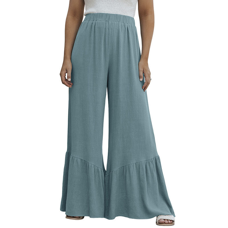 Solid Color Loose Mop Wide Leg Pants Women's High Waist Ruffles