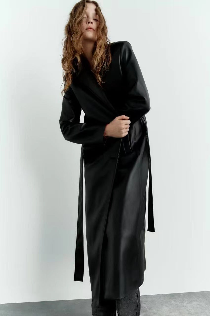 Black Long With Belt Fashionable All-match Leather Wind Coat Coat