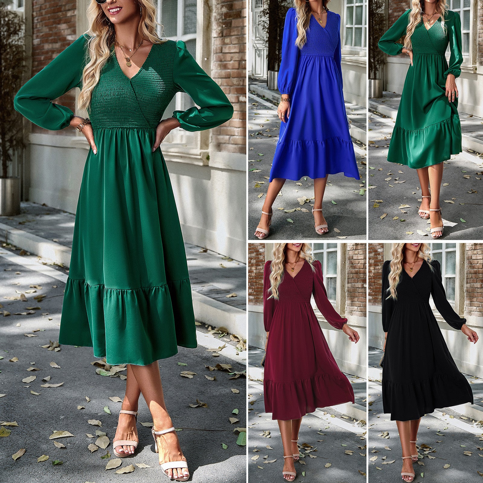 Women's Dress Winter Autumn V-neck Long Sleeve Solid Color Dress