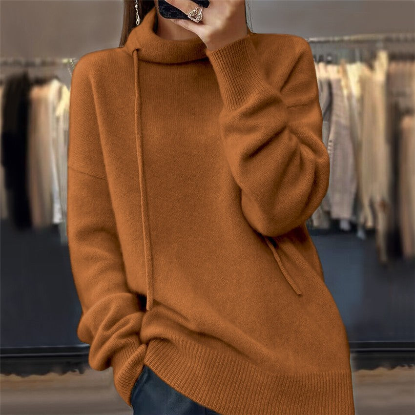 Olid Color Long Sleeve Stand-up Collar Tie Knitted Sweater For Women